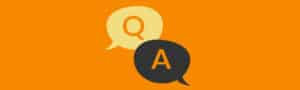 Landscape image of two speech bubbles on an orange background. One speech bubble is yellow with an orange 'Q' in the middle. One speech bubble is black with an orange 'A' in the middle.