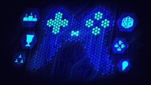 Landscape image of a game controller. The buttons of the controller and lit up in neon green. Around the controller are different gameday icons including a dice, trophy and lightbulb.