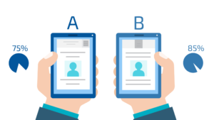 A landscape illustration of two hands holding phones. The letters A and B are above each phone. There are pie charts detailing different percentages in user research impact.