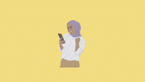 A landscape image showing an illustration of a young Hijabi woman. She is looking at a phone and celebrating what she is seeing.