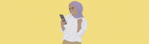 A landscape image showing an illustration of a young Hijabi woman. She is looking at a phone and celebrating what she is seeing.