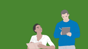 A sitting woman with a notebook looking up at a standing man with a tablet