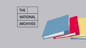 The National Archives logo and four colourful binders