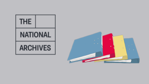 The National Archives logo and four colourful binders