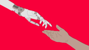 robot and human hands reaching out to each other