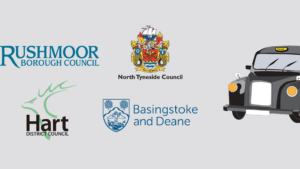 A taxi and logos of Rushmoor Borough, Basingstoke and Deane Borough, North Tyneside and Hart Councils