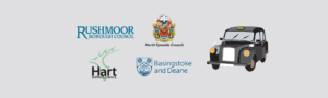 A taxi and logos of Rushmoor Borough, Basingstoke and Deane Borough, North Tyneside and Hart Councils