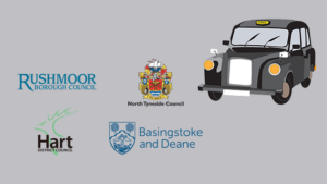 A taxi and four logos of local councils