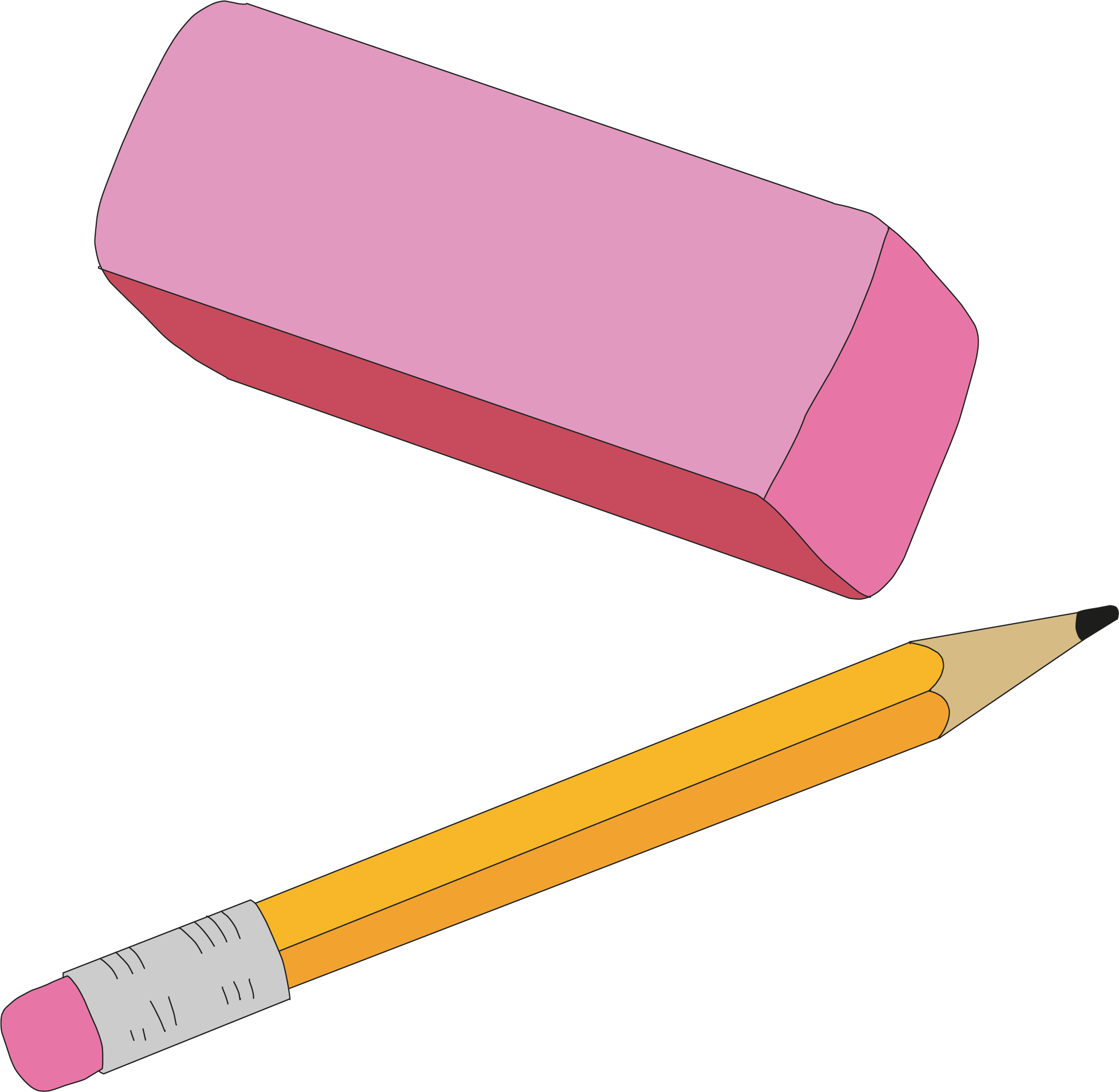 pink eraser and yellow pencil