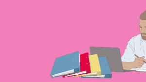 4 coloured folders and a man with a laptop