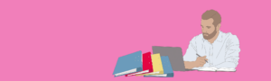4 coloured folders and a man with a laptop