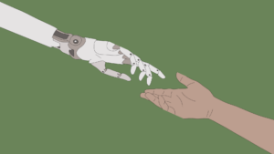 A robot hand reaching out to a human hand