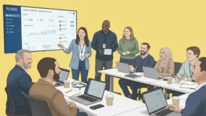 Group of people working around a table looking a large screen dashboard